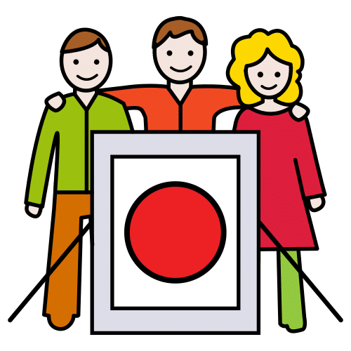 Pictogram: three people standing together behind a sign