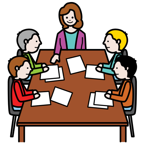 Pictogram: a group of five people sitting around a table at a meeting with documents