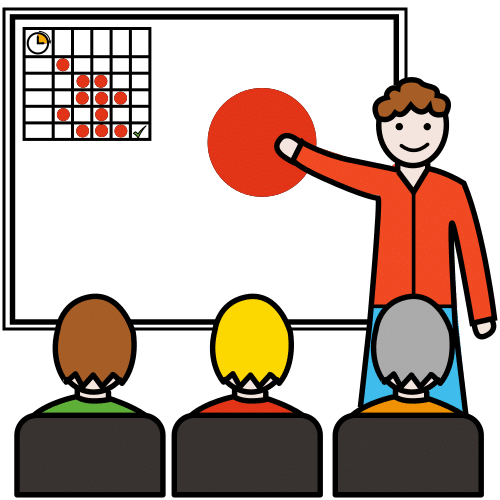 Pictogram: an adult presenting to attendees in a classroom (facilitator)